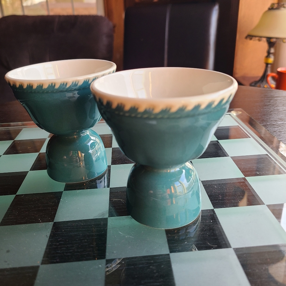 Teal and White Ceramic Egg Cups Set Of Two